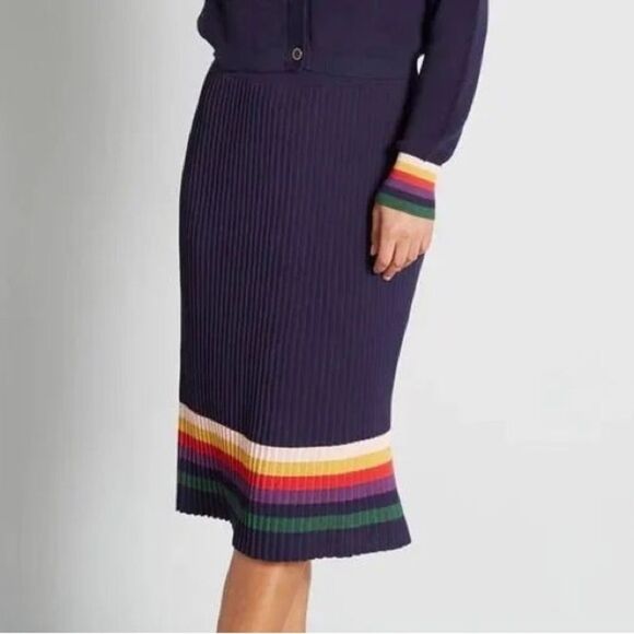 ModCloth Spirited Spectrum Navy Knit Skirt With Rainbow Stripes Pride Office XS - Picture 9 of 9